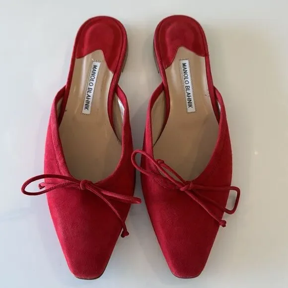 Manolo Blahnik Ballerimu Red Suede Bow Ballerina Flats Mules Shoes Size 40 US 10 - Picture 1 of 7